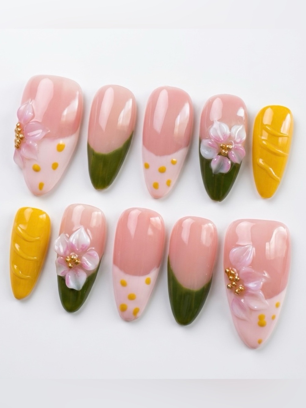 Pink Floral Press-On Nail Set with Green and Pink Tip and Yellow Accents